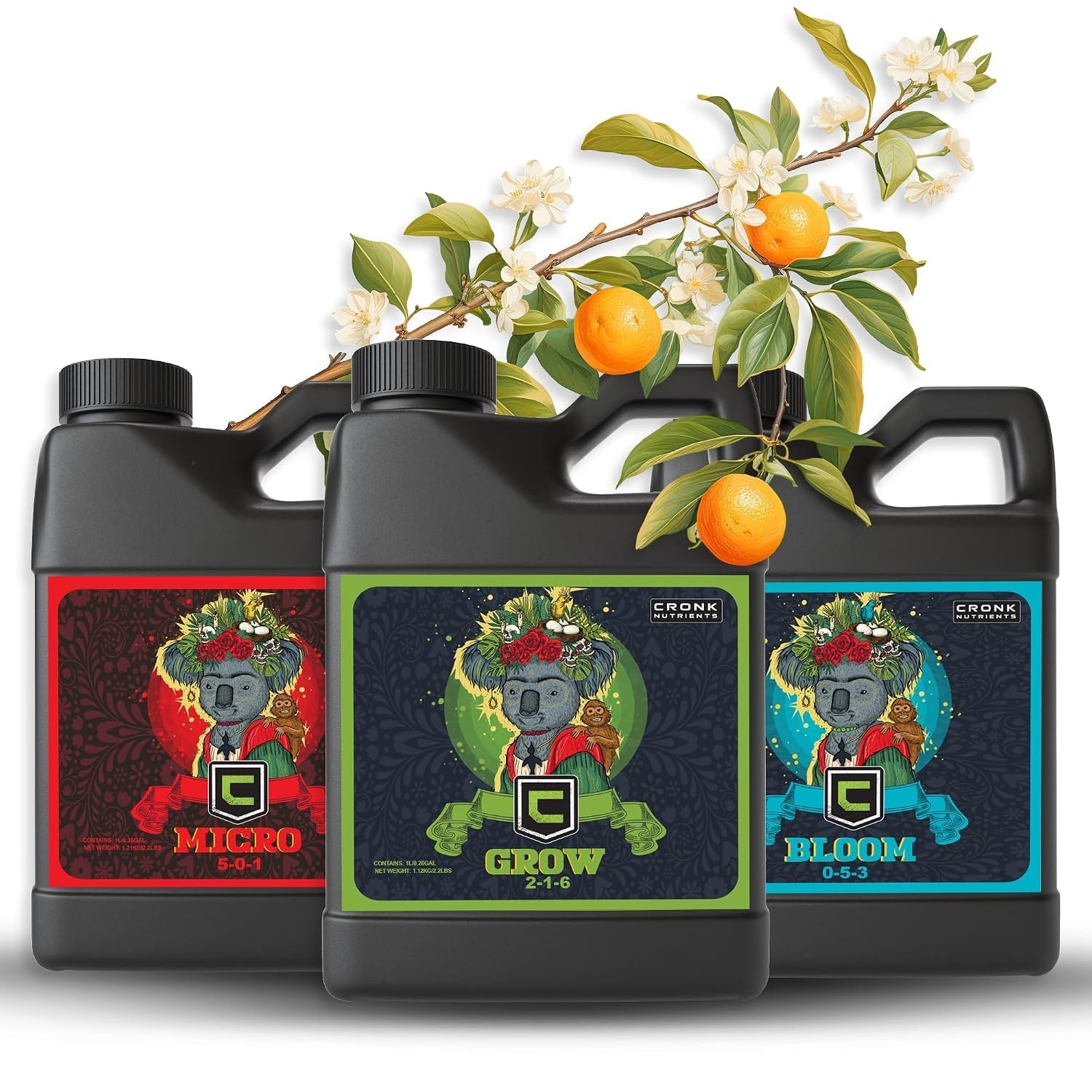 Cronk Nutrients 3-Part Kit: Micro, Grow & Bloom Base Fertilizers, 3 x 1L | Optim