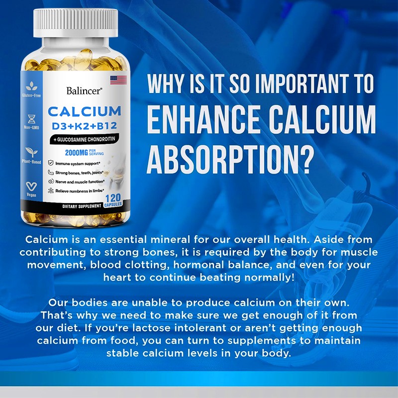 Calcium Capsules w/ D3+K2+B12 Support Bones Muscles Health Immune System 120Caps