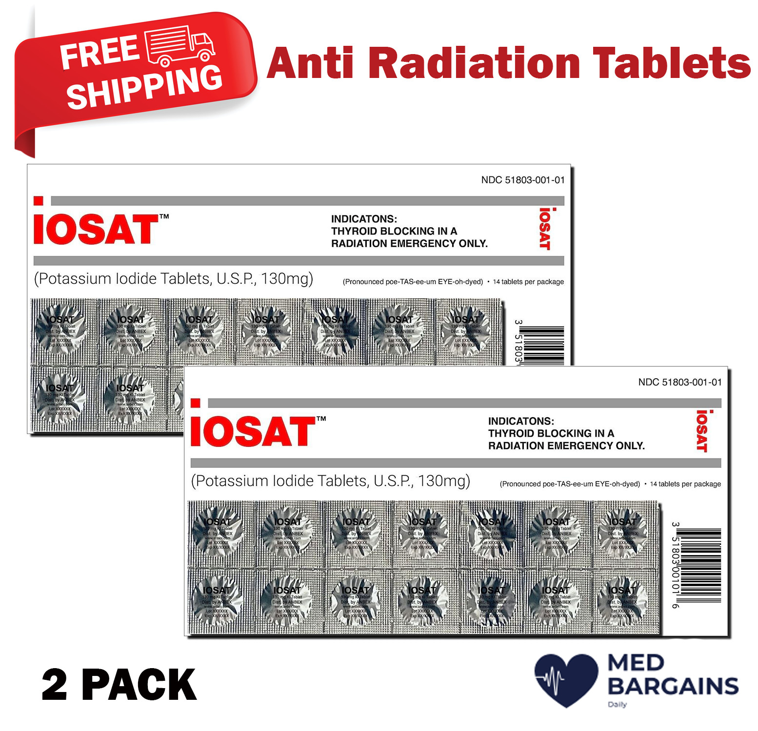 Anti Radiation Iosat Potassium Iodide Tablets, 130mg Adults 2PACK 14 Tablets EA