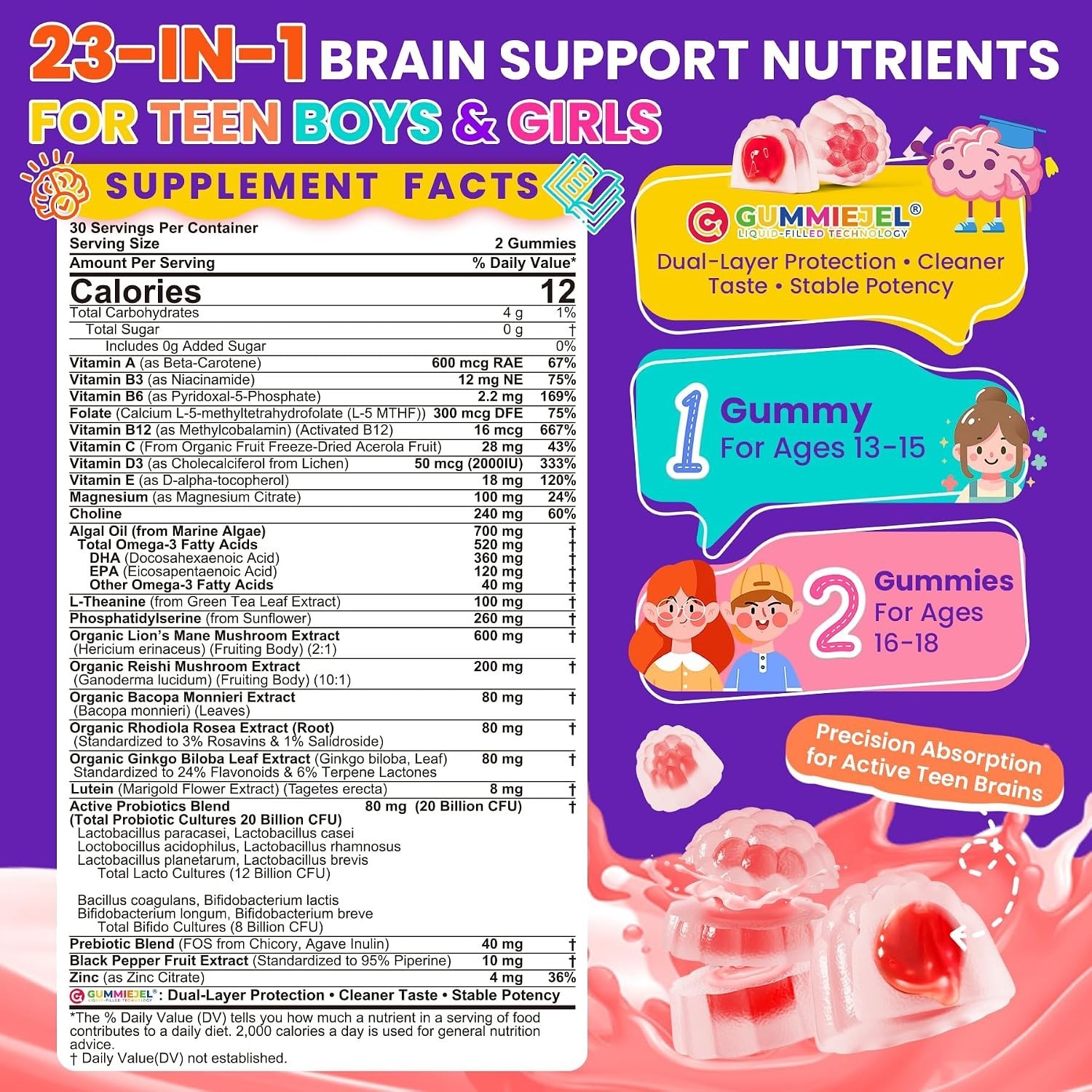 LILICARE Teen Brain Focus Gummies with Omega-3 DHA, Lion’s Mane Mushroom, PS