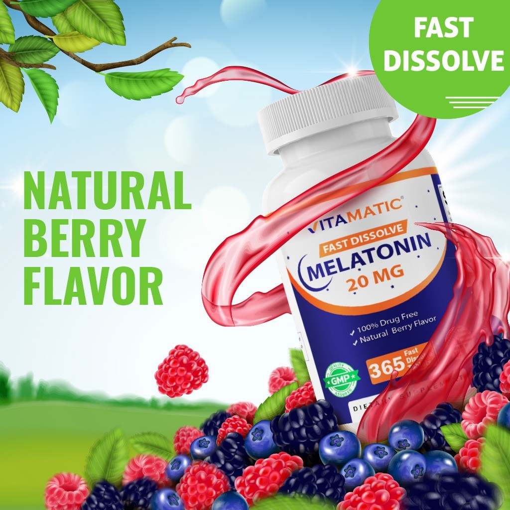 Vitamatic Melatonin 20mg – 1 Year Supply | Natural Berry Flavor – 365 Tablets