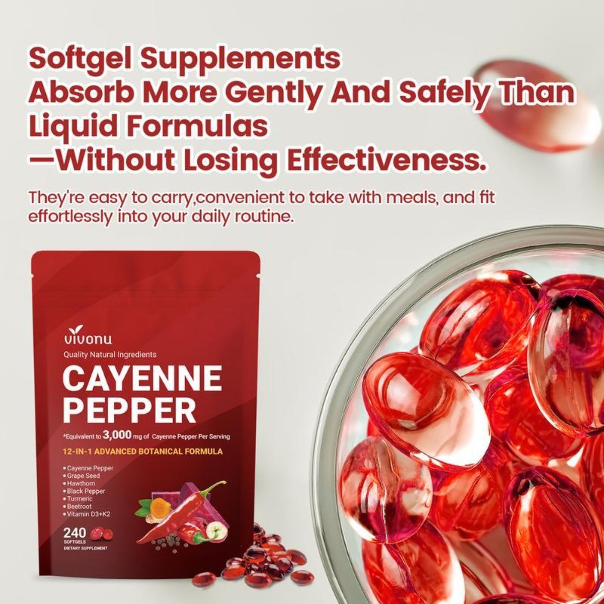 VivoNu Cayenne Pepper Softgels Supplement – 240 Capsules NEW FREE SHIP