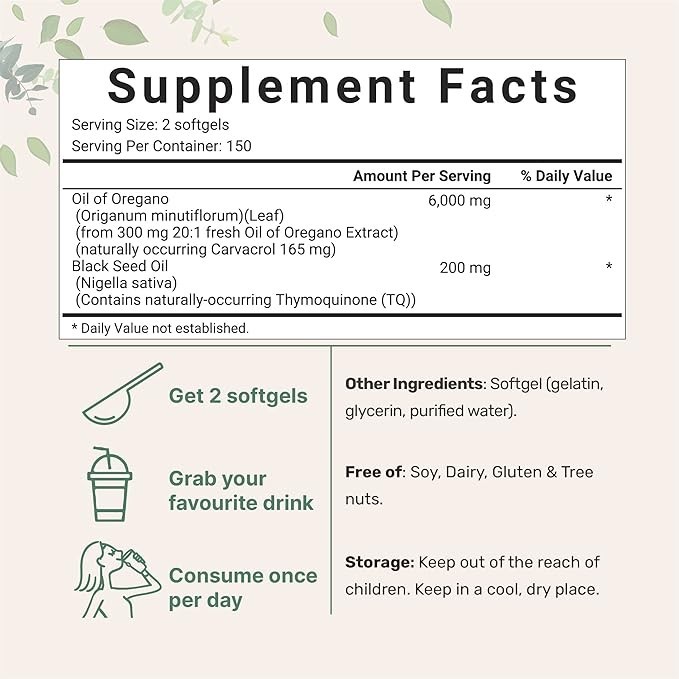Oil of Oregano 6000mg Softgels with Black Seed Oil Carvacrol Antioxidant 300ct