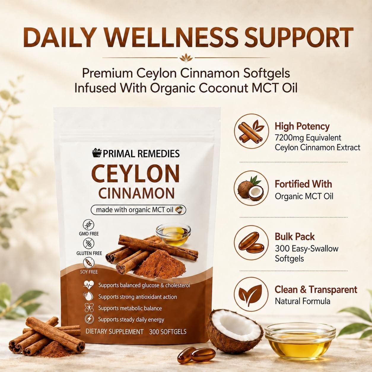 300 Softgels of Non-GMO Ceylon Cinnamon with MCT Oil – Wellness Boost