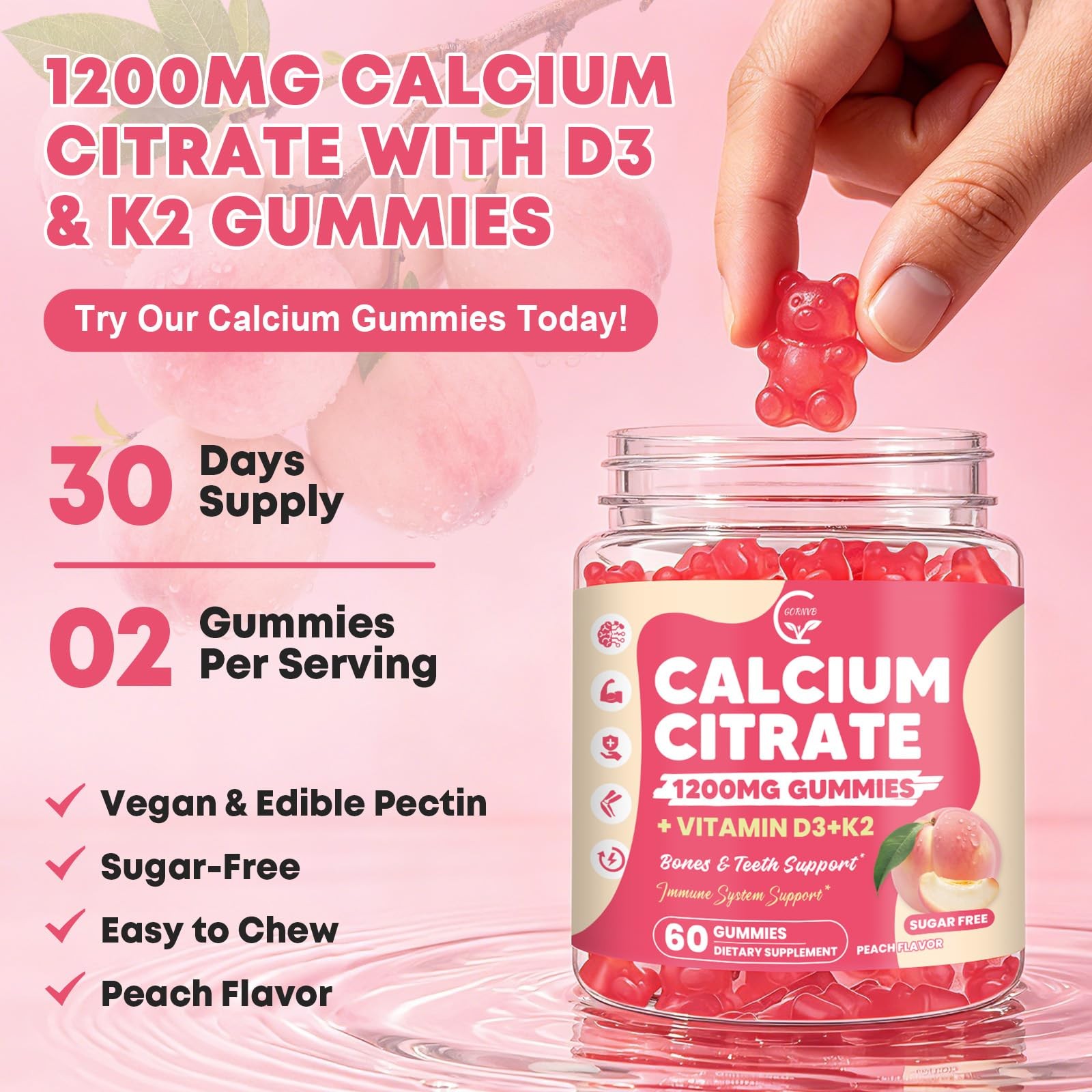 Gornvb 2 Pack Calcium Citrate Gummies 1200 Mg Vitamin D3 K2 For Bone Support