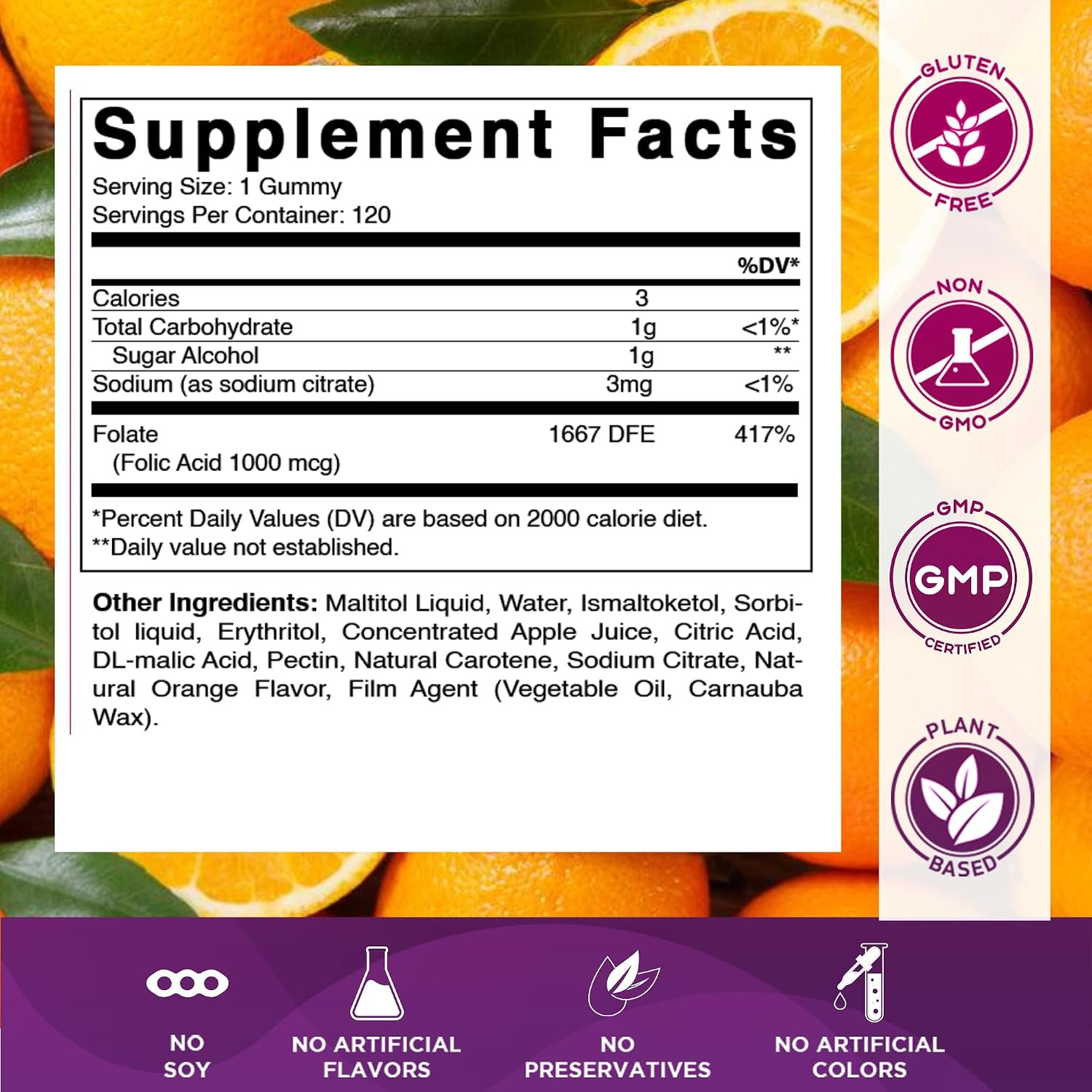 Vitamatic Sugar Free Folic Acid 1 mg Gummies 120 Count Orange Flavor | 1 mg Foli