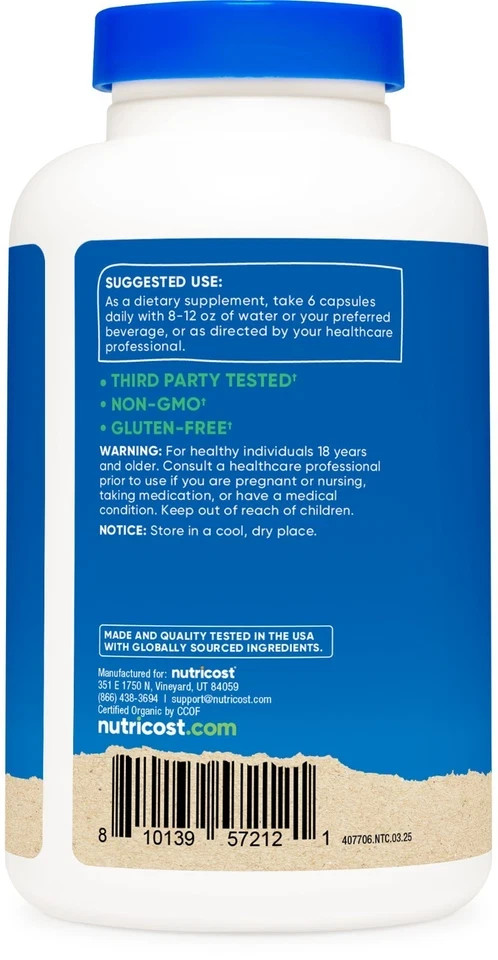 Nutricost Organic Spirulina 3000mg 180 Capsules Gluten Free Vegetarian