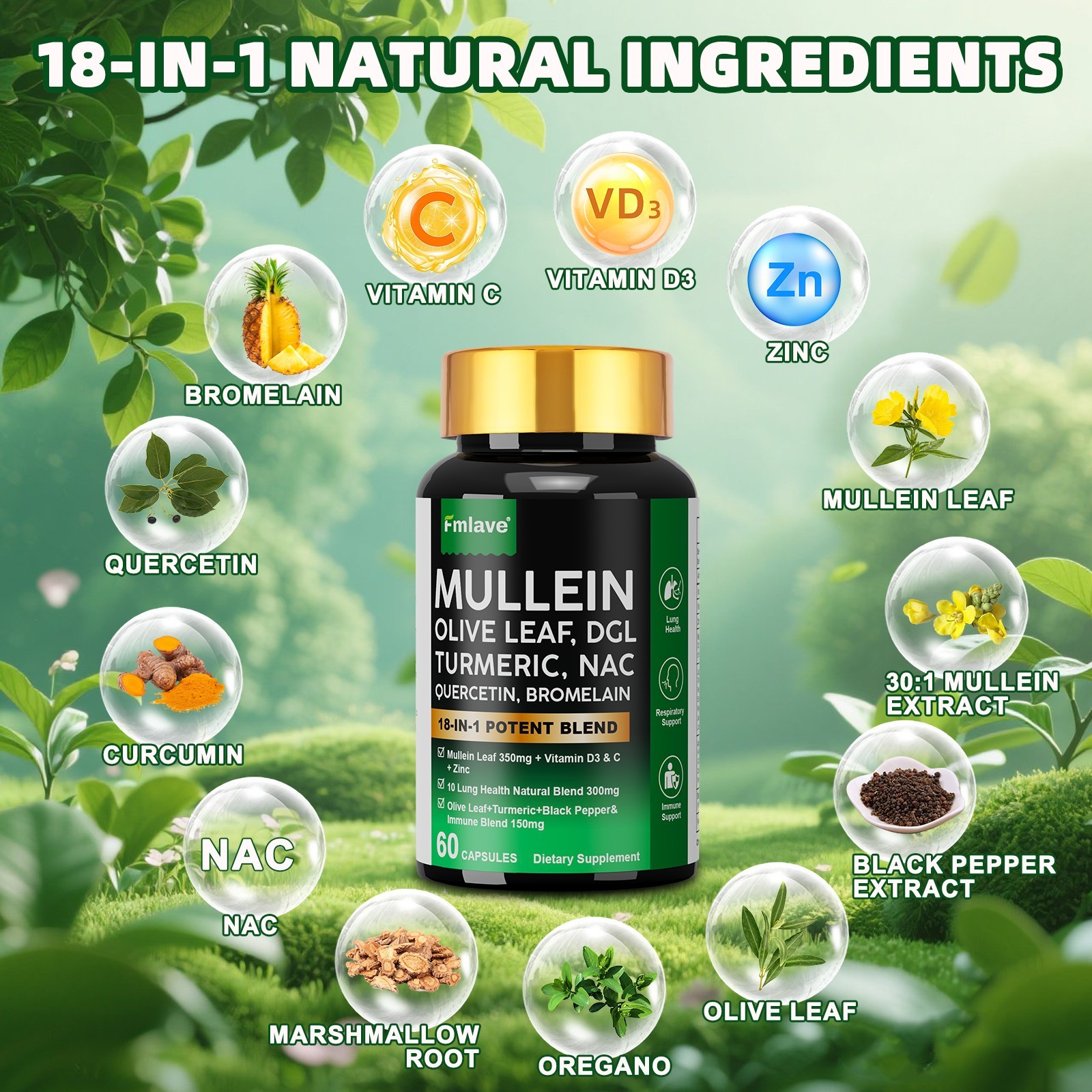 2 packs Mullein Leaf Capsules, Support Lung Cleanse , Respiratory Help, 120 caps