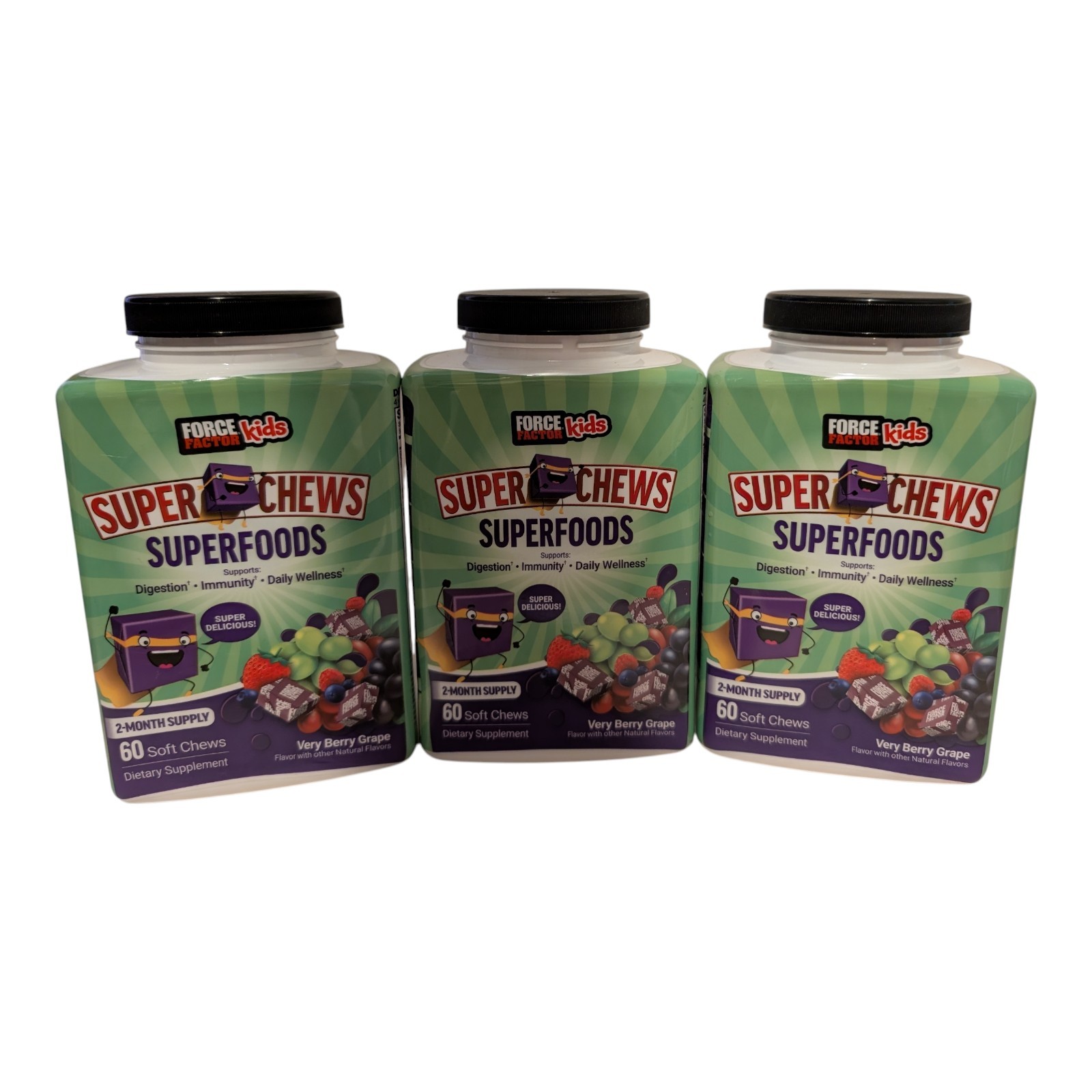 Lot of 3 Force Factor Kids Super Chews Superfoods Very Berry Grape 60ct Each