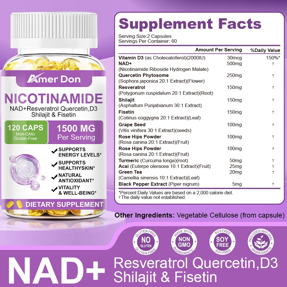 Nicotinamide Resveratrol Capsules 1500MG, Anti-aging NAD Supplement 120 Capsules