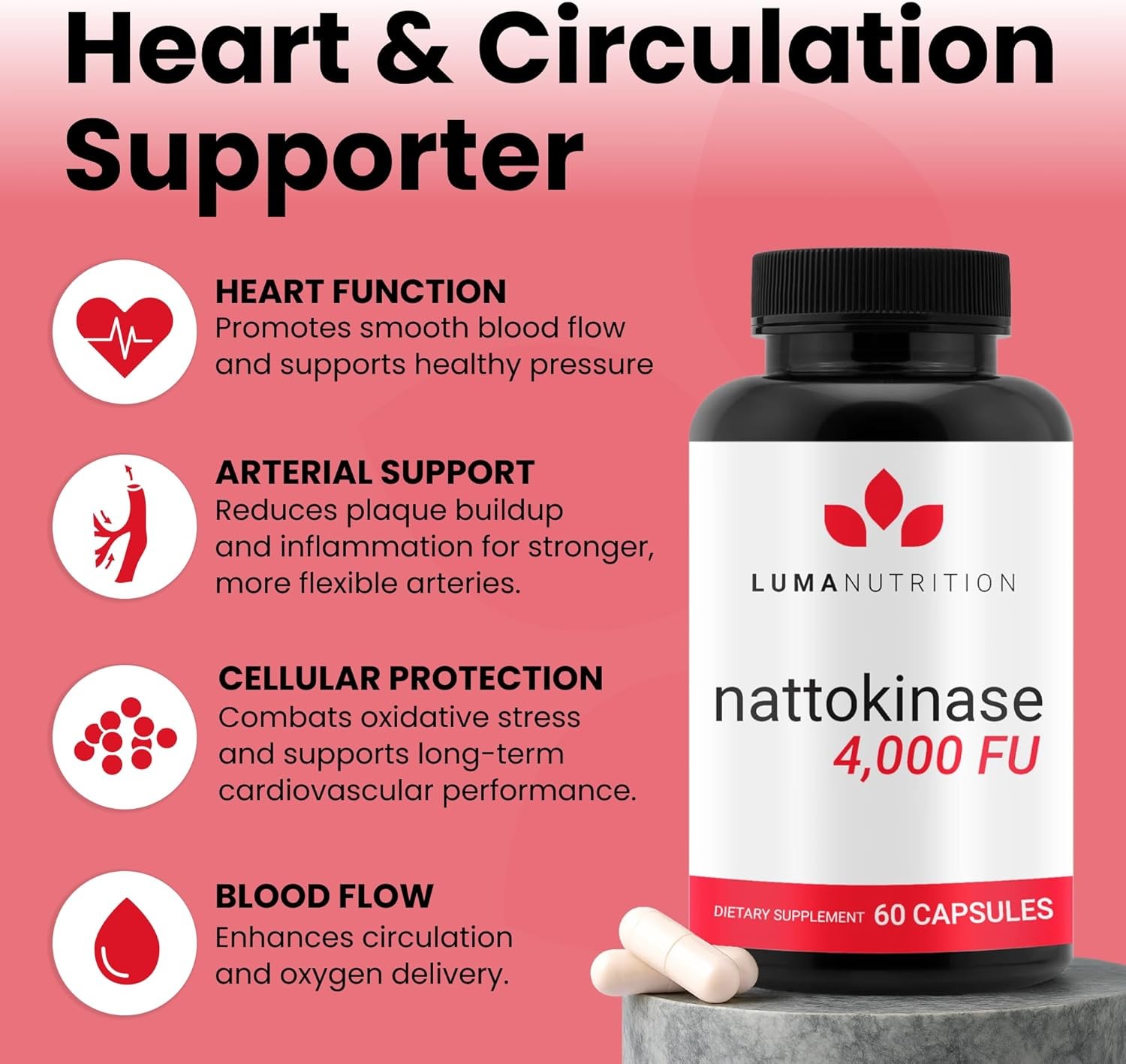 Luma Nutrition Nattokinase Supplement 4000 FU, Heart Health Support, 60 Capsules