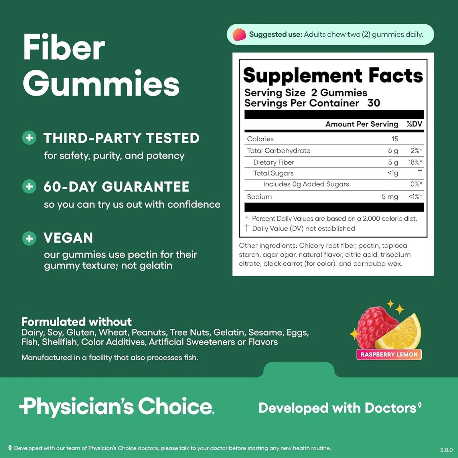 Physician’s Choice Fiber Gummies ideal for Digestive Health & Regularity – Raspb