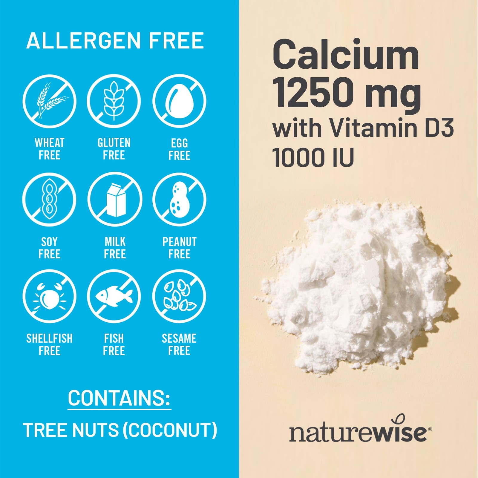 NatureWise High-Purity, All-Natural Calcium 1250mg + 60 Count (Pack of 1)