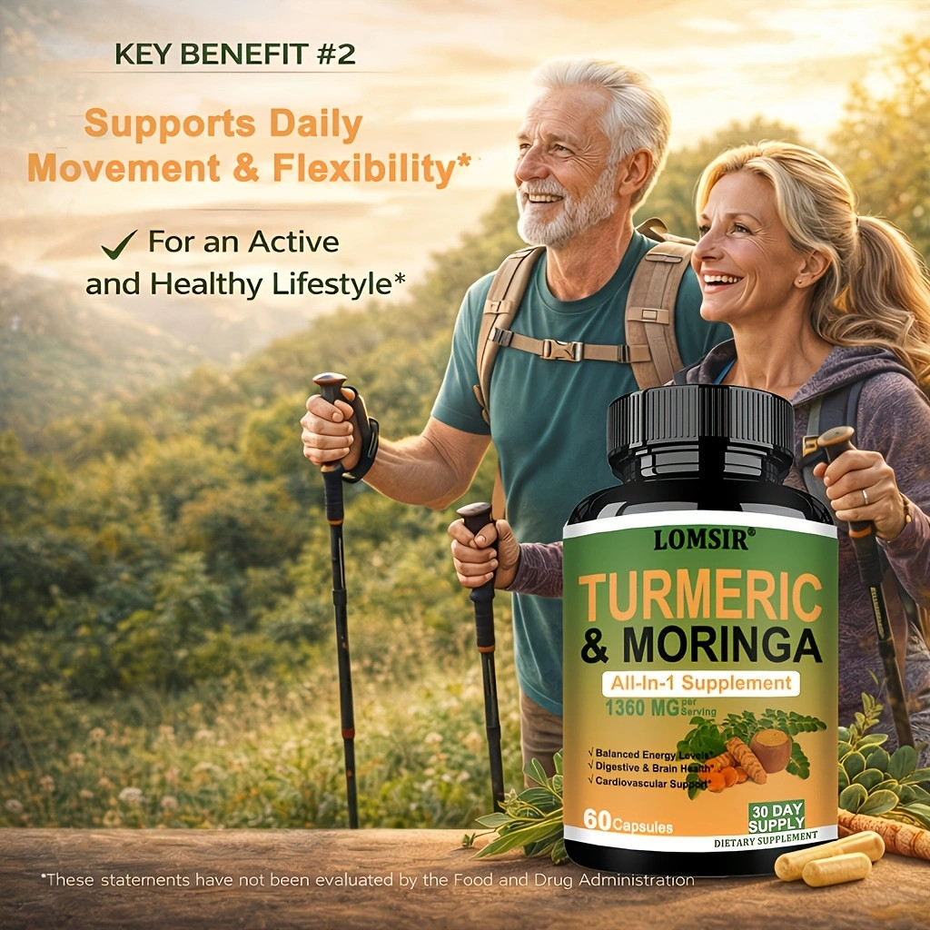 Moringa + Turmeric Curcumin Supplement for Gut Health, Energy – 60 Capsules