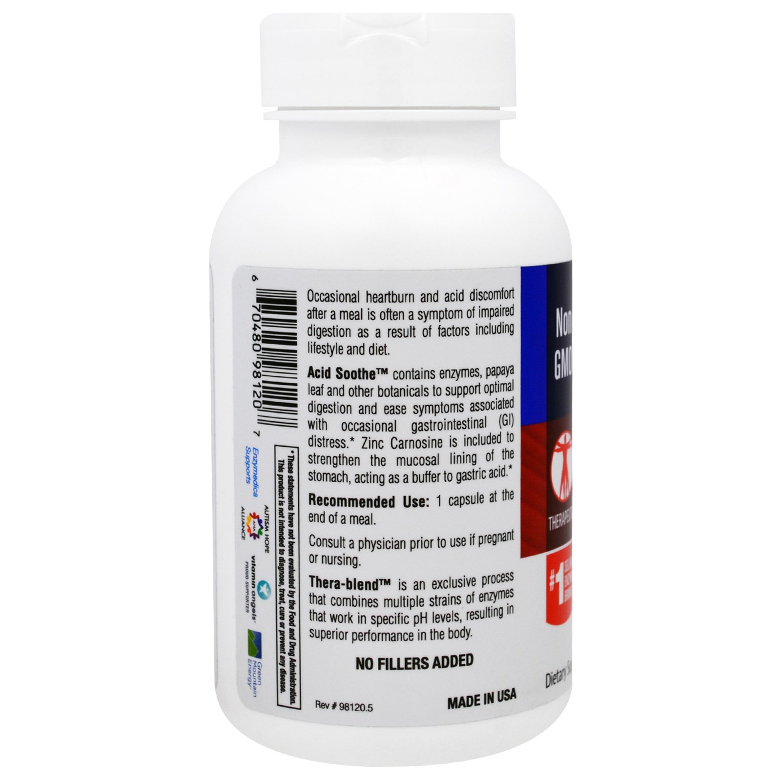 Enzymedica Acid Soothe 90 Capsules Casein-Free, Dairy-Free, Egg-Free, No
