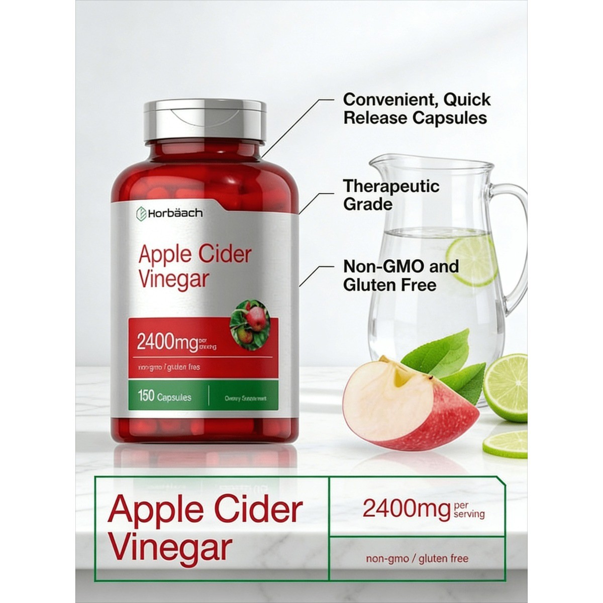 Horbäach Apple Cider Vinegar Capsules 2400mg -50 Count-Non-GMO & Gluten Free