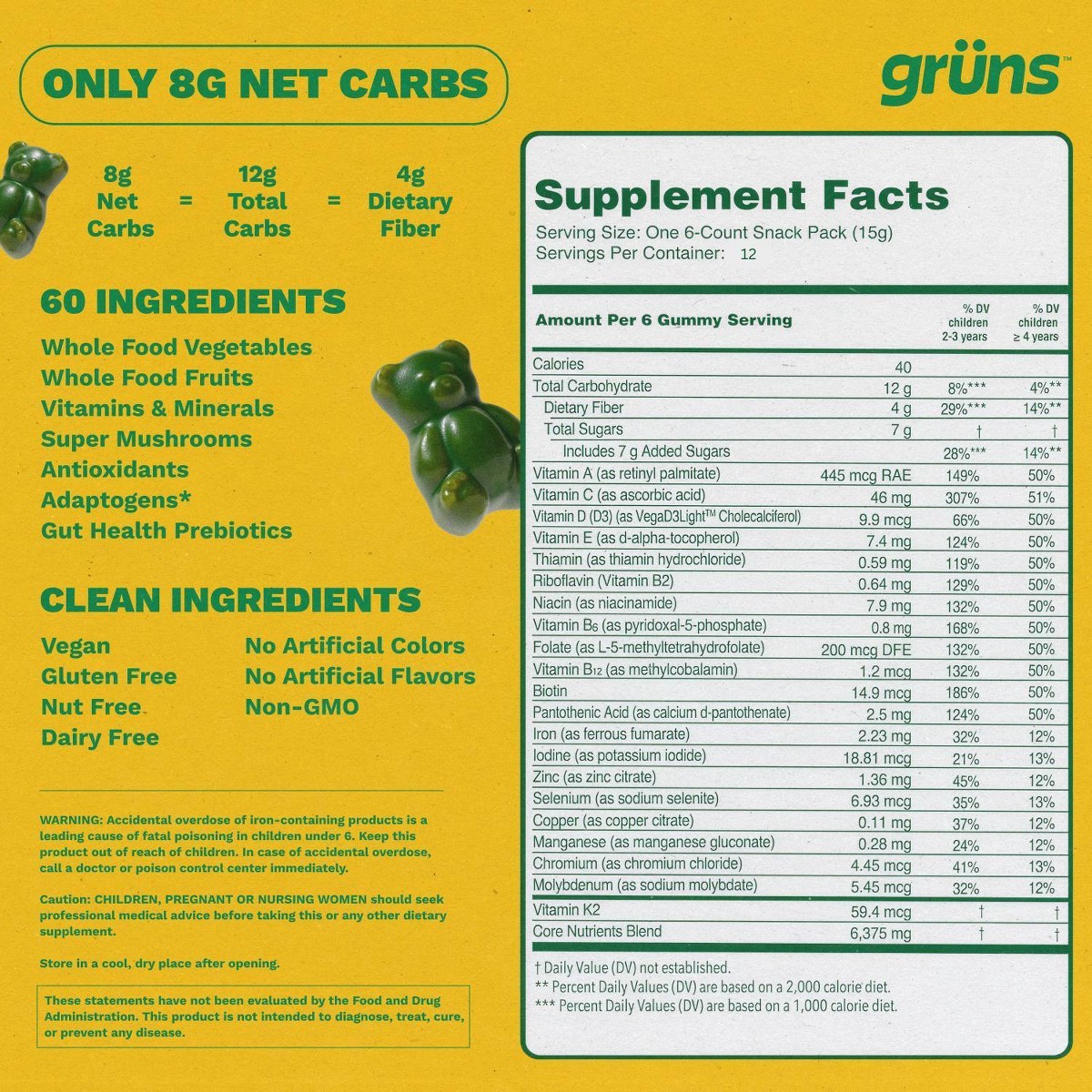 Grüns Kids Low Sugar Superfoods Greens Gummies with Prebiotic Fiber – 240g/12 ct