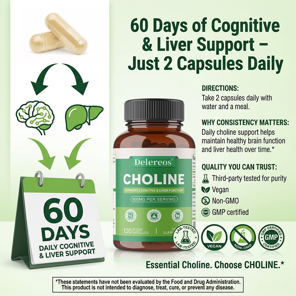 Choline Supplements 500mg Per Serving– Vegan And Non-Gmo – 30/60/120 Capsules