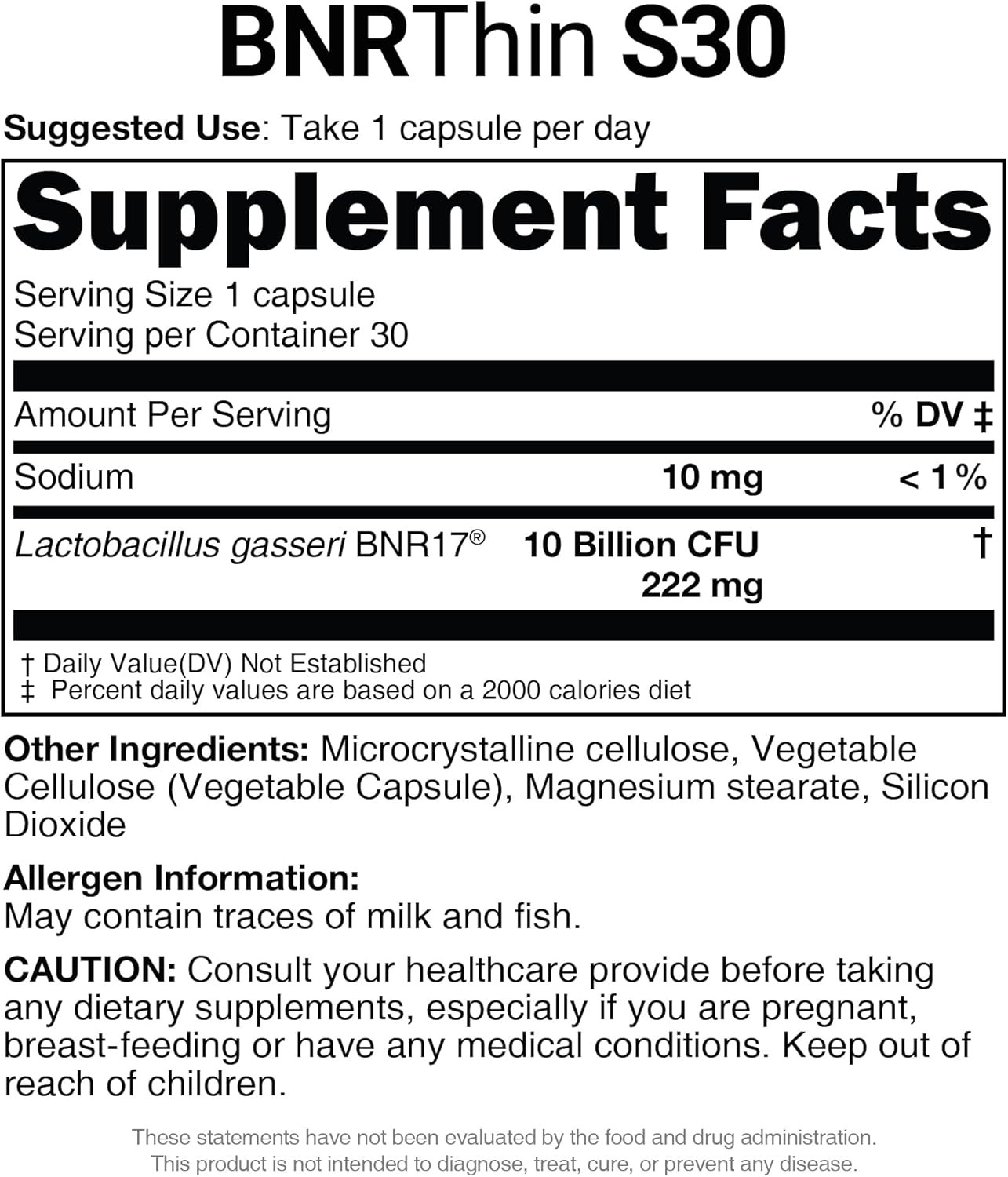 Bnrthin S30, Lactobacillus Gasseri BNR17, 10 Billion CFU Guaranteed, 30Capsules