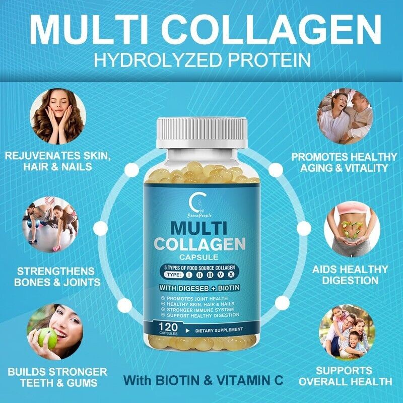 Collagen Peptides Types I, II, III, V, X 2000mg Pills Anti-Aging Skin 60-600ct