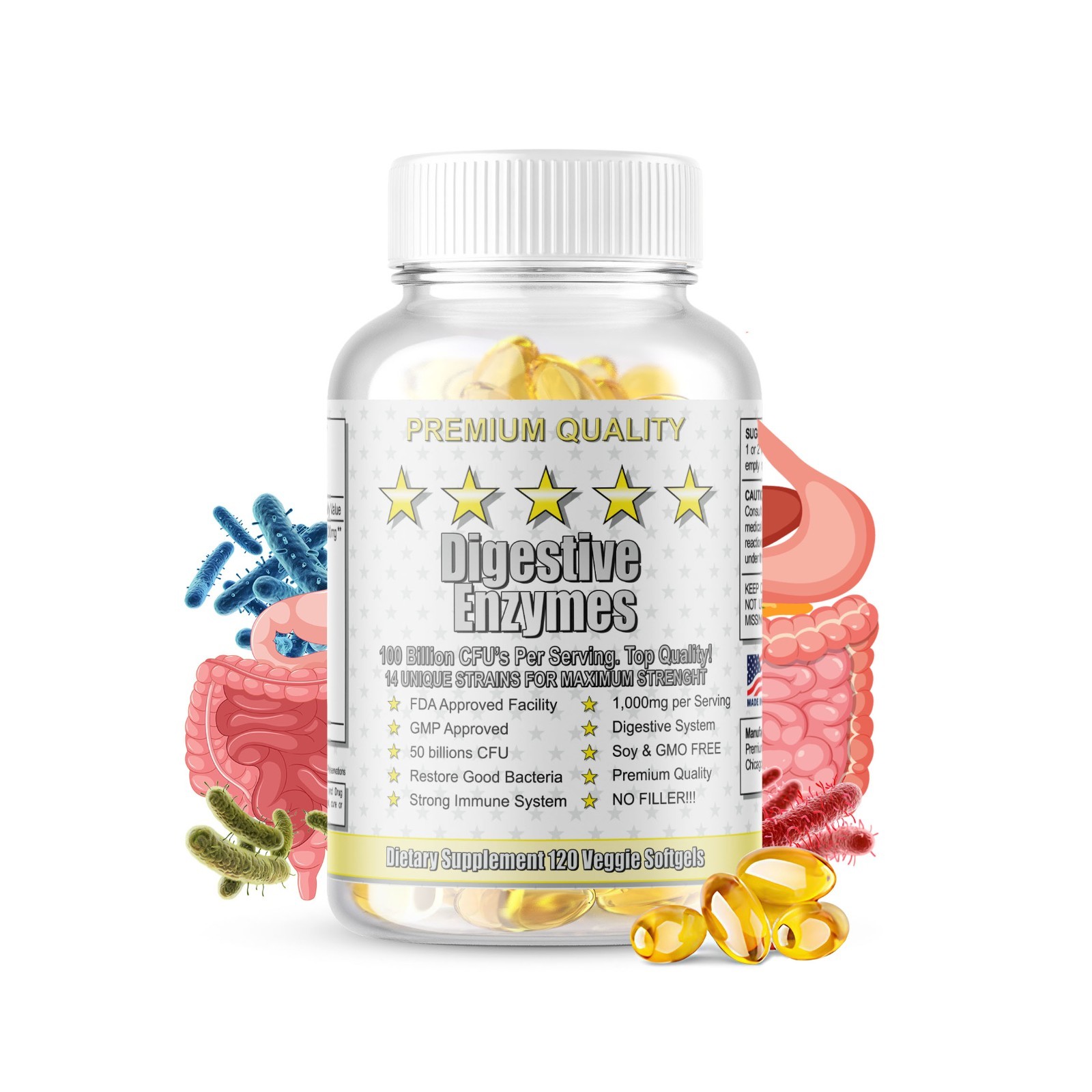 Digestive Enzymes Prebiotic & Probiotics Gas, Constipation & Bloating Relief 120