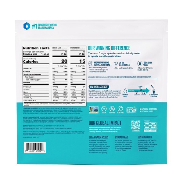Liquid IV Hydration Multiplier, Sugar-Free Lemon Lime/White Peach 30CT EXP 10/27