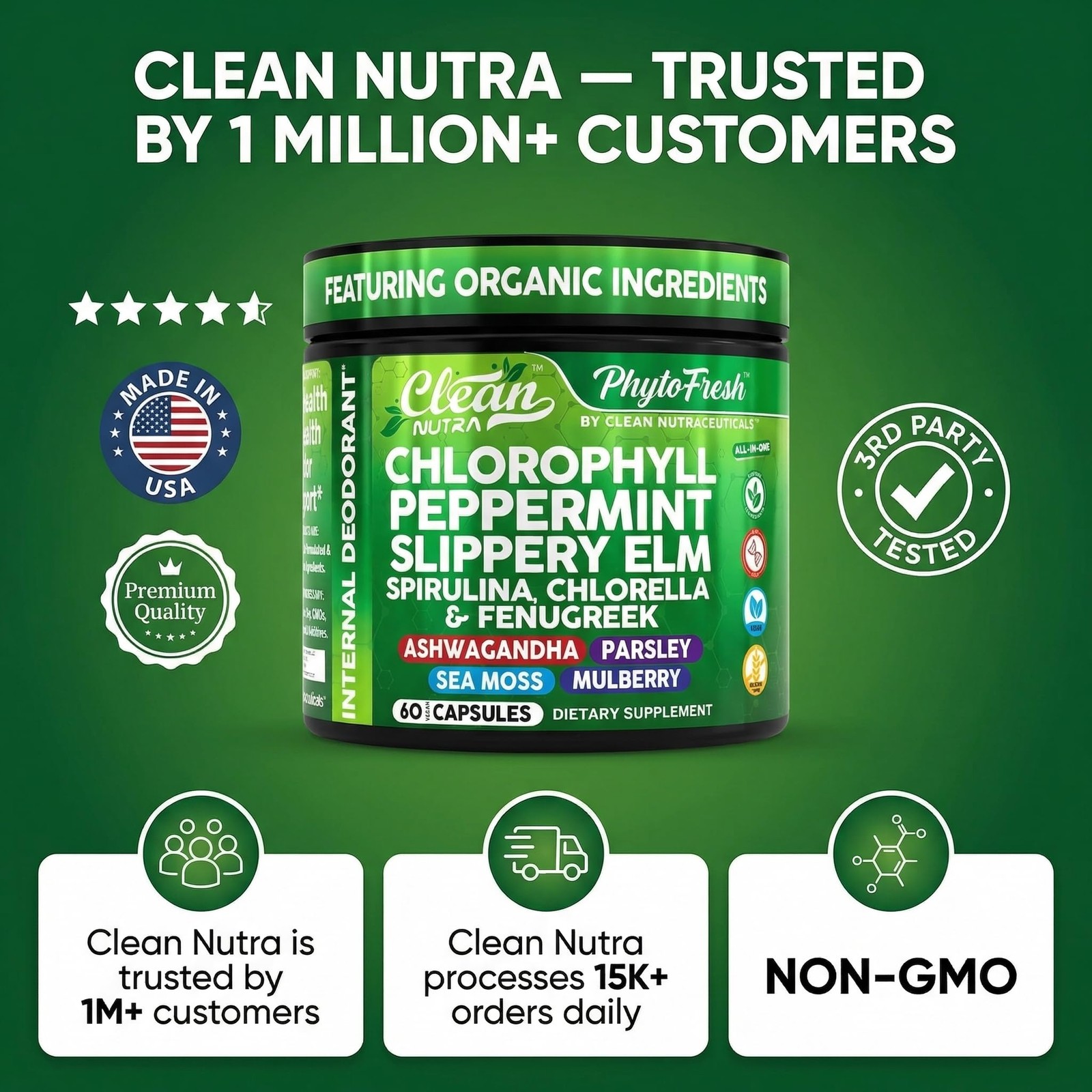 Clean Nutra ChloroZen Chlorophyll Peppermint + Spirulina 60 Caps Veg Exp 05/2028