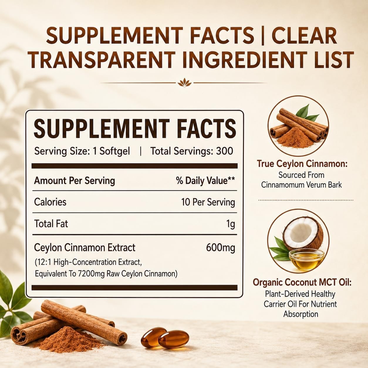 300 Softgels of Non-GMO Ceylon Cinnamon with MCT Oil – Wellness Boost