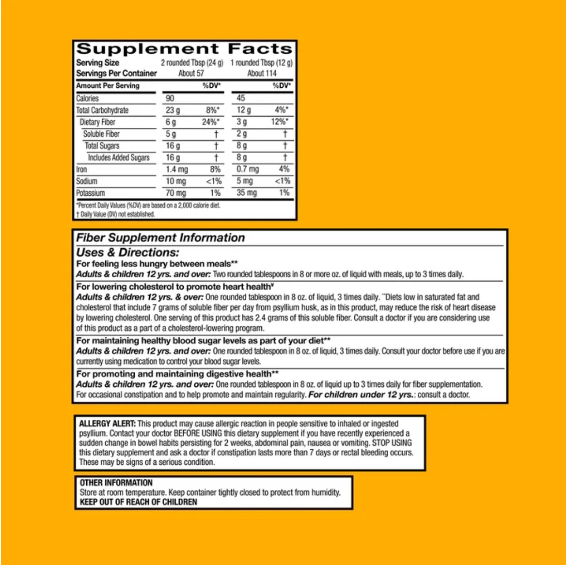 Equate Fiber Powder Psyllium Husk Orange 48.2 oz Digestive Support Bulk