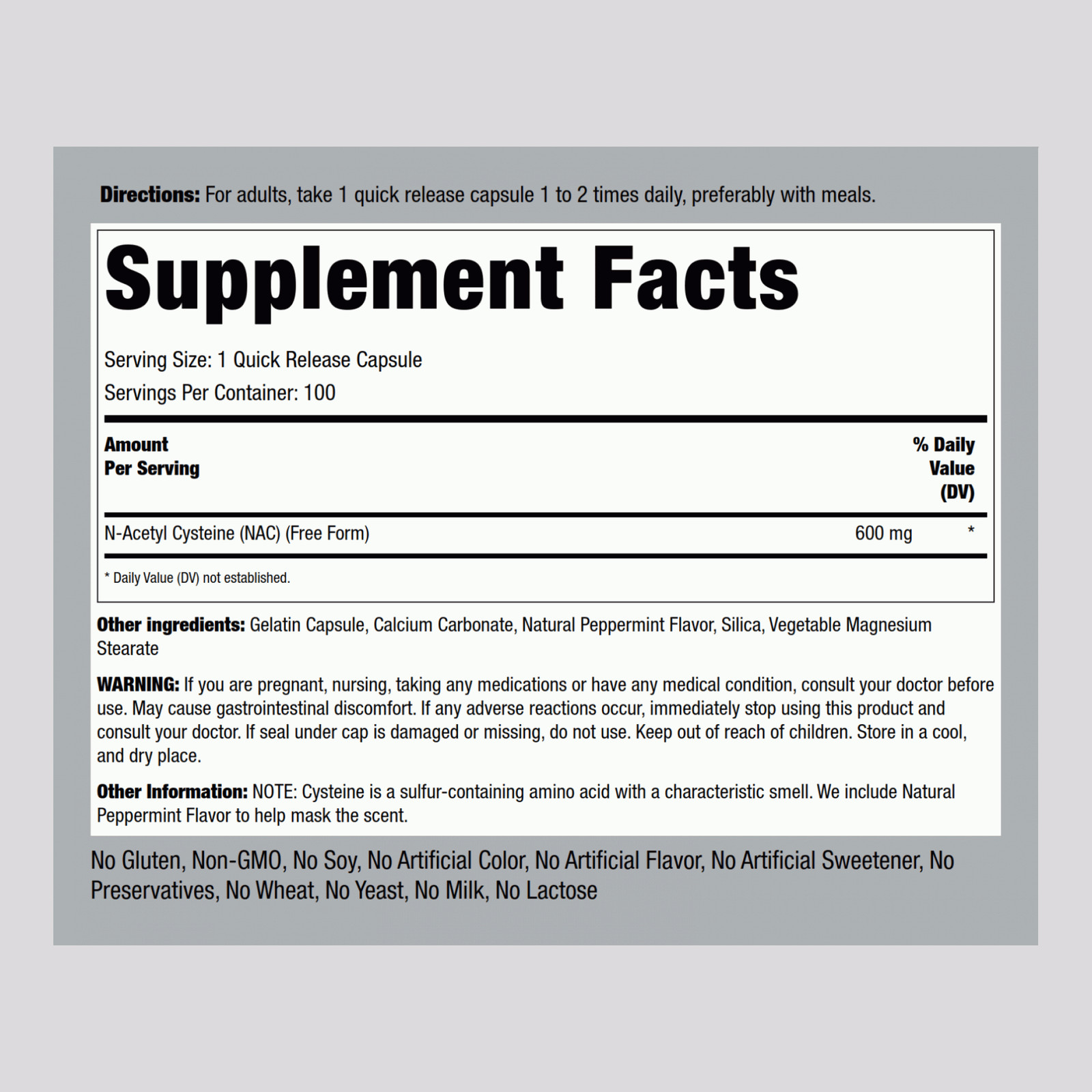 NAC Supplement N-Acetyl Cysteine 600mg | 100 Count | Free Form | by Piping Rock