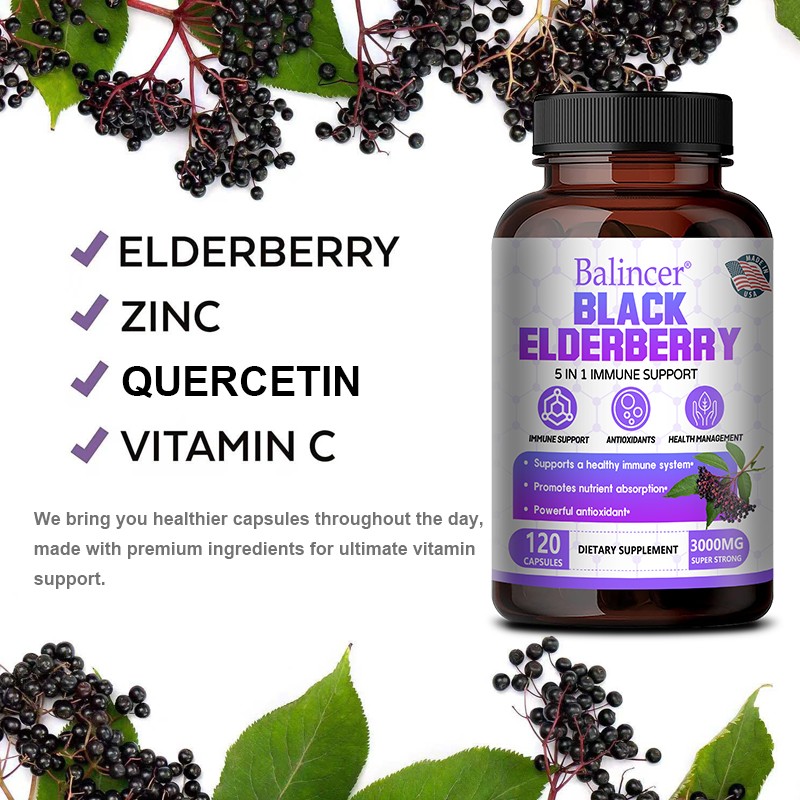 Black Elderberry 3000 mg Gluten Free,Non-GMO,Powerful Antioxidant 30/60/120 Caps