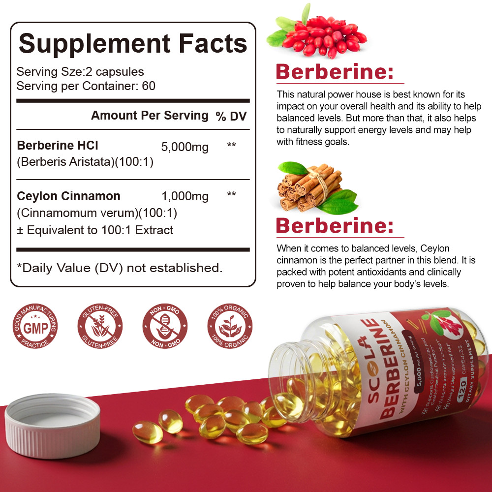 Berberine HCL 5000mg + Ceylon Cinnamon 1000mg High Potency Blood Sugar Support