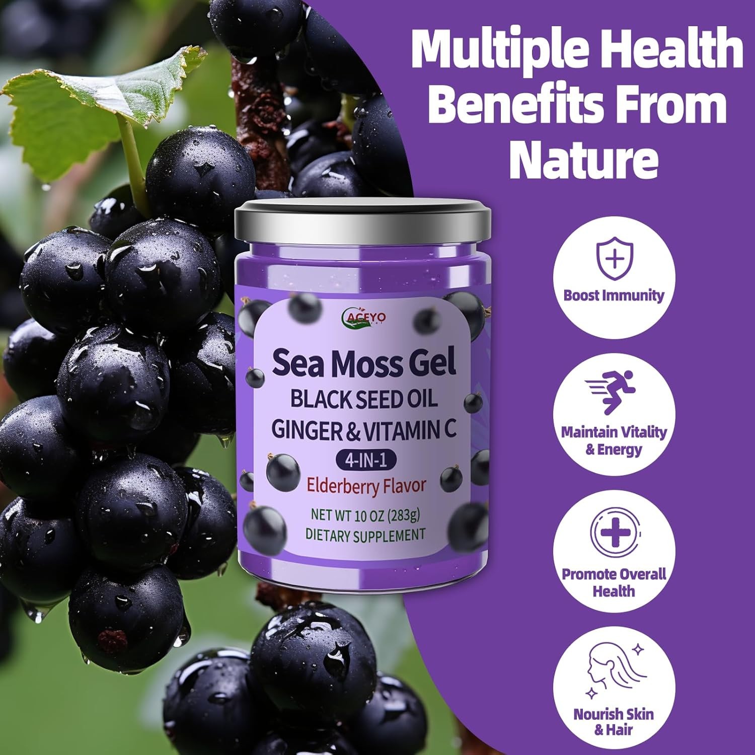 ACEYO Sea Moss Gel 4-in-1 Black Seed Oil Ginger Elderberry 10oz