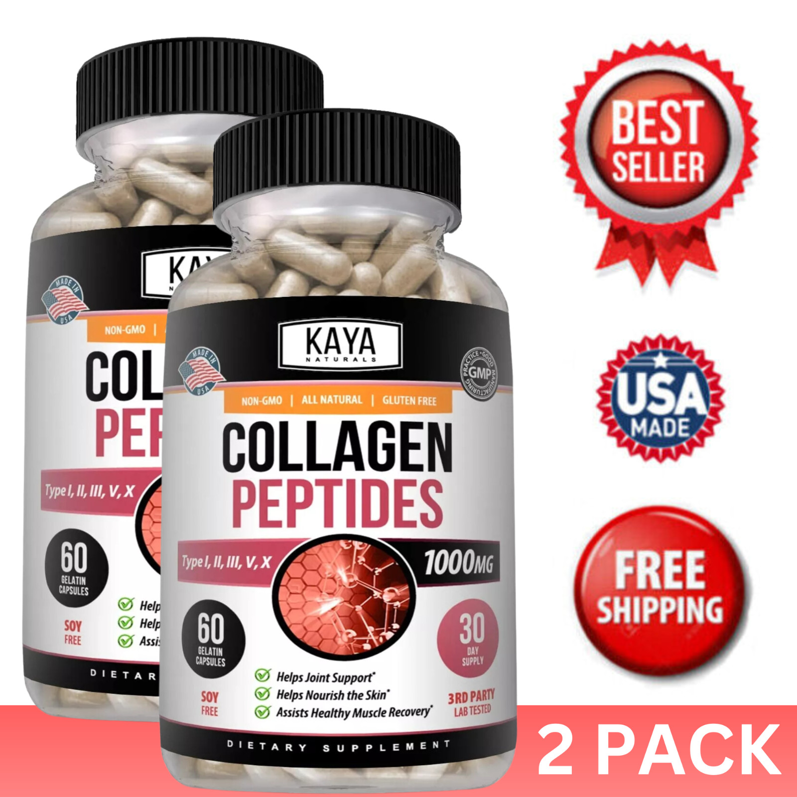 (2 Pack) COLLAGEN PEPTIDES Types I, II, III, V, X 1200 mg Pills 60 Capsules