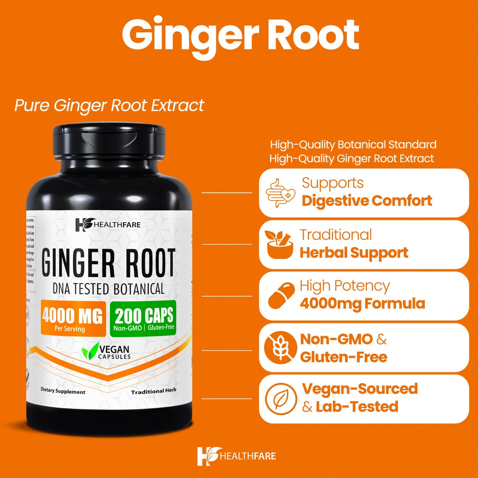 Ginger Root Capsules 4000mg | 200 Pills | Highest Potency Supplement HealthFare