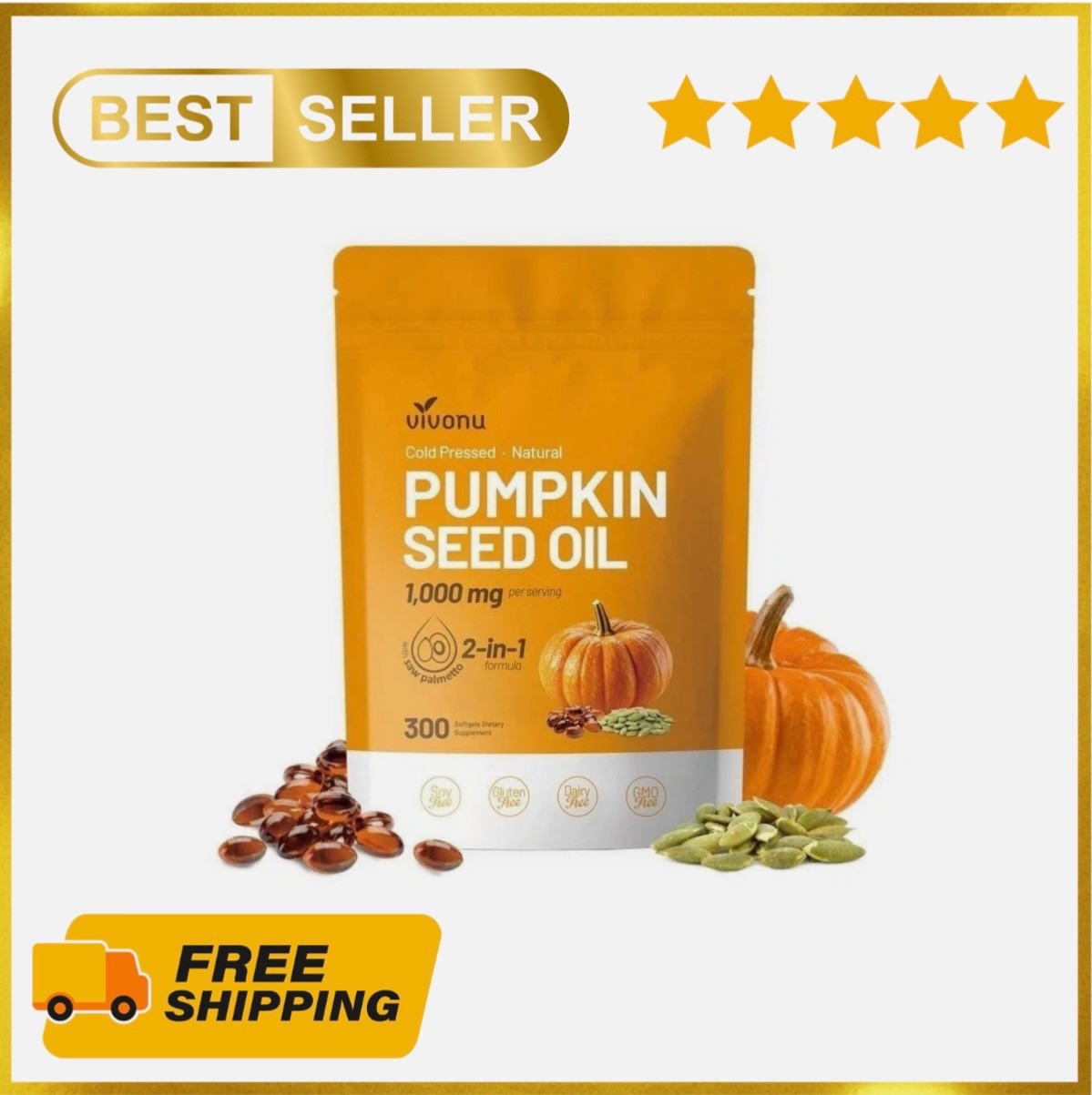 VIVONU Pumpkin Seed Oil 1000mg with Saw Palmetto 300 Softgels