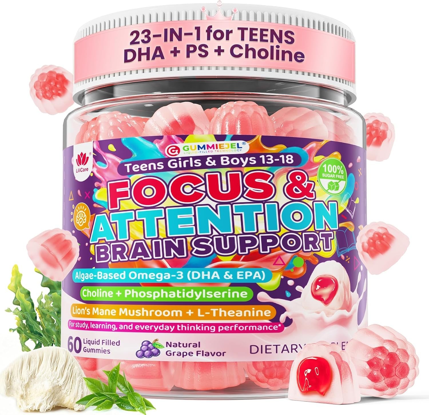 LILICARE Teen Brain Focus Gummies with Omega-3 DHA, Lion’s Mane Mushroom, PS
