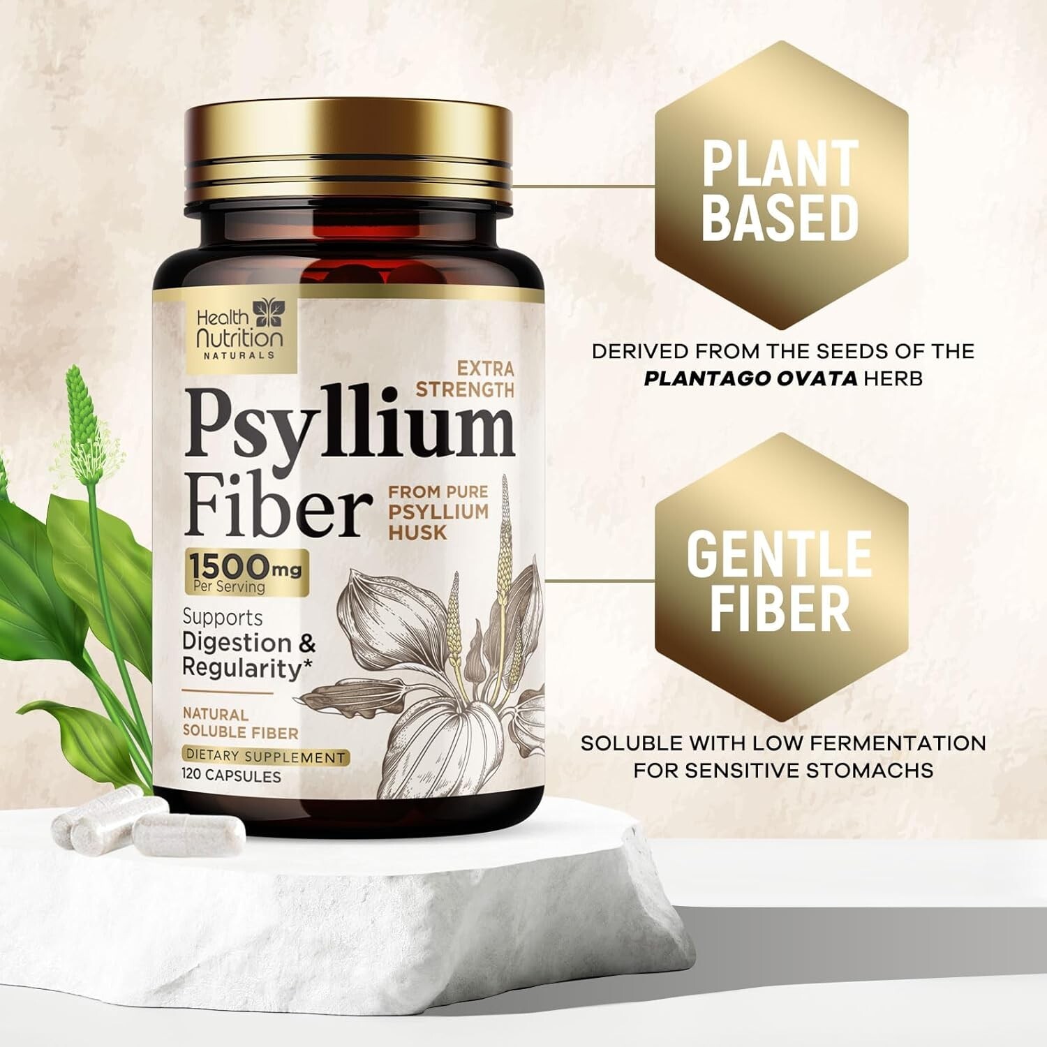 High Absorption Psyllium Husk Capsules 1500mg Daily Fiber Supplement, Psyllium