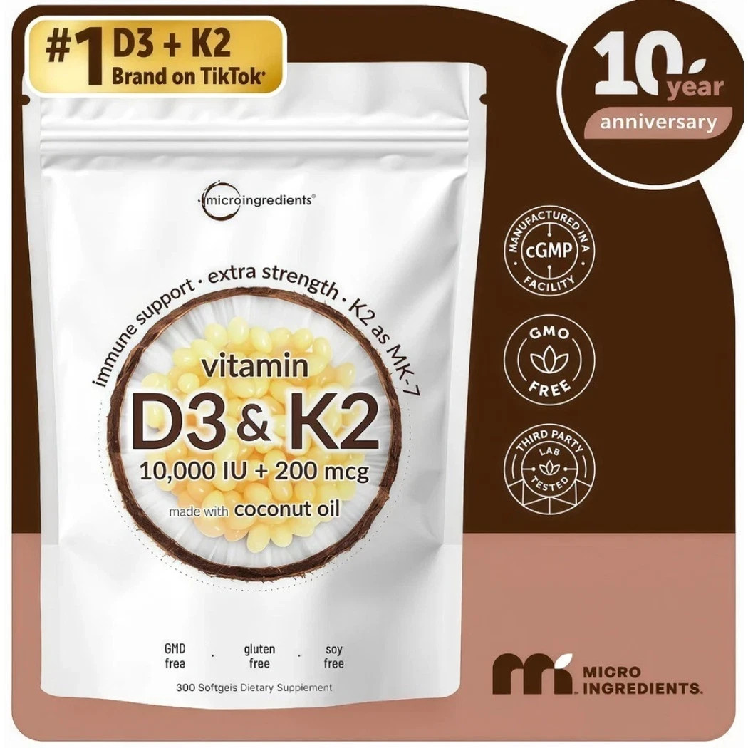 NEW ~Vitamin D3 10000 iu Plus K2 (MK-7) 200 mcg, 300 Virgin Coconut Oil Softgels