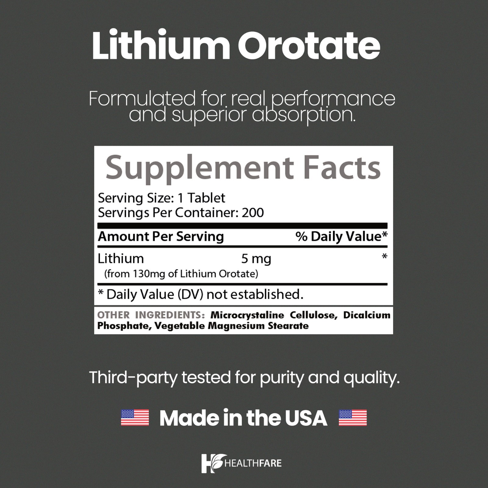 HealthFare Lithium Orotate 130mg | 200 Vegan Tablets | High Bioavailability