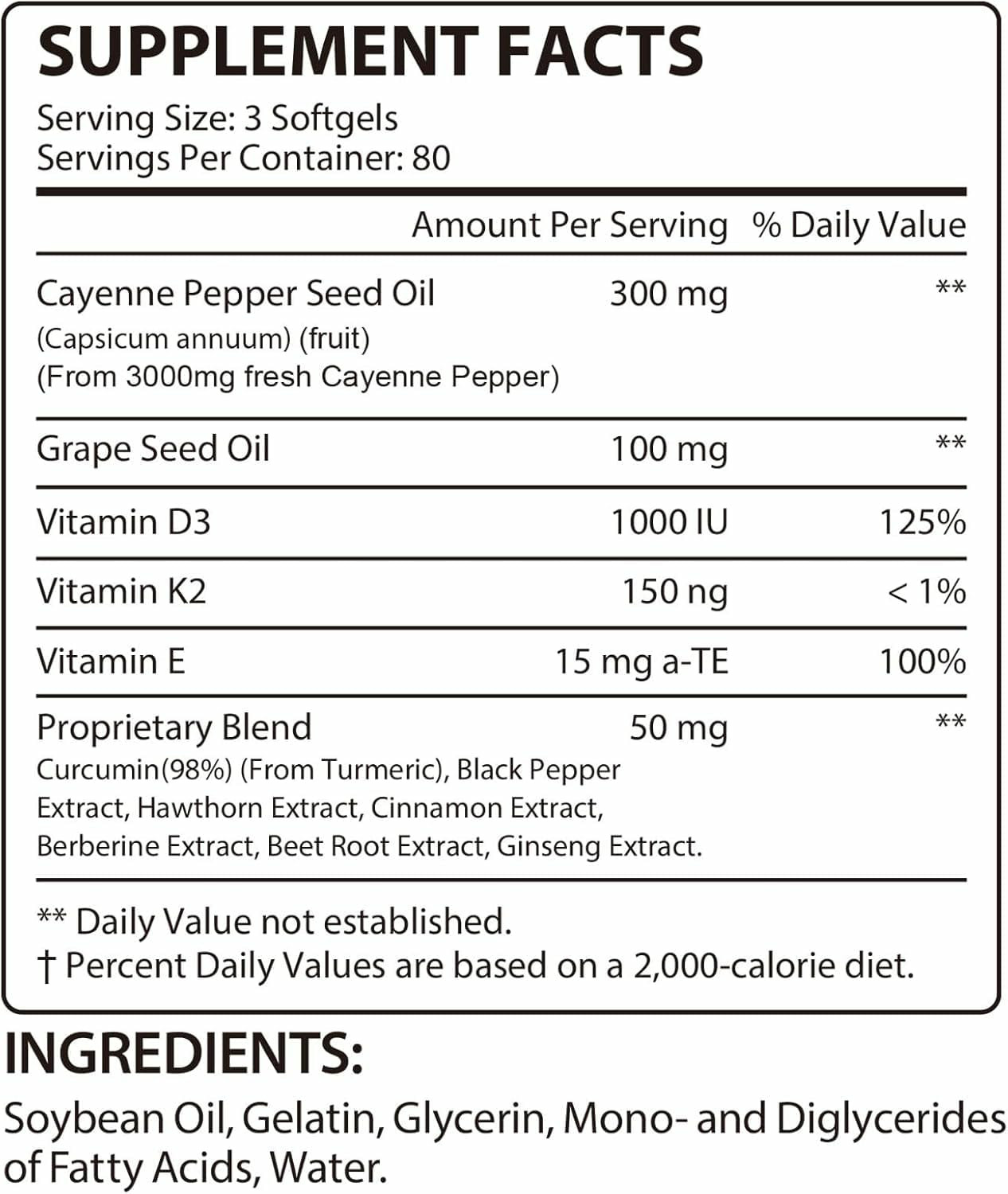 Cayenne Pepper Softgels 240 Ct D3 K2 E Turmeric Berberine Blood Circulation