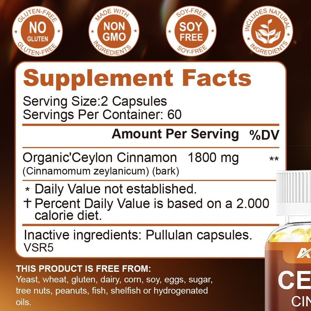 Organic Ceylon Cinnamon Softgels 1800mg High Potency Blood Sugar Support