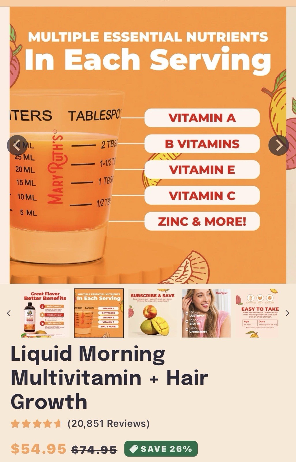 MaryRuth’s Liquid Multivitamin Hair Growth Women Peach Mango 15.22 fl oz