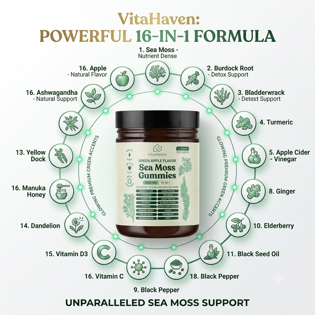 16 IN 1 Organic Sea Moss Gummy Irishmoss Extract 6000Mg | Green Apple Flavor US