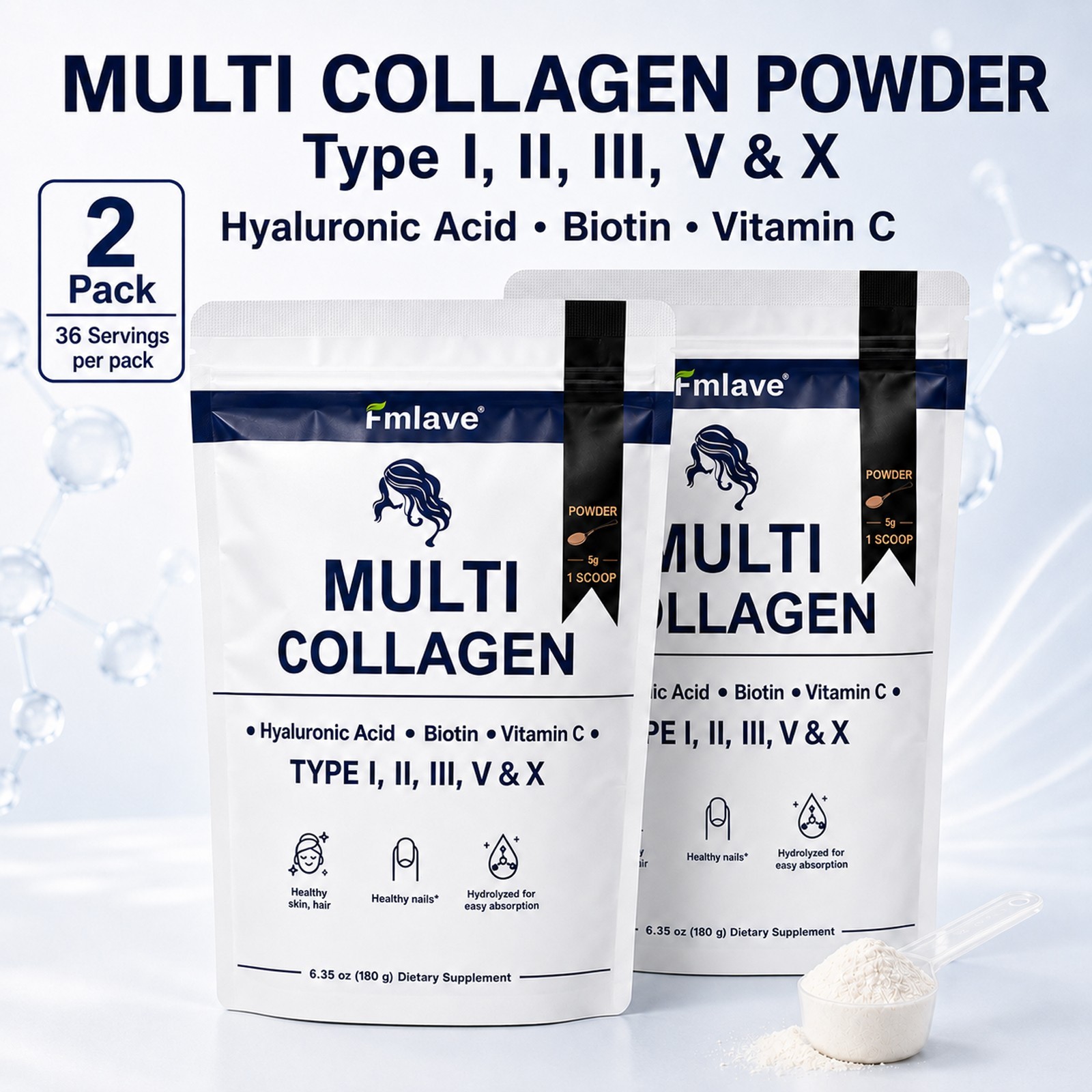 Multi Collagen Peptides Powder Type I II III V X VitaminC Biotin Hyaluronic Acid