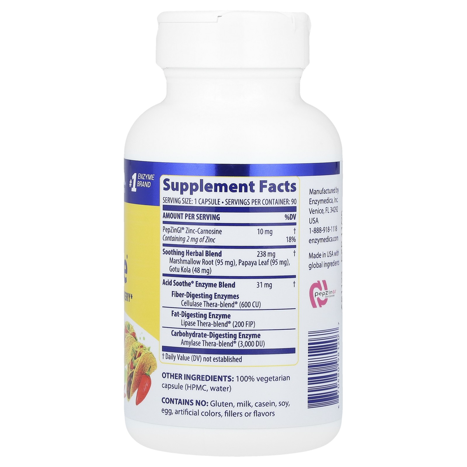 Enzymedica Acid Soothe 90 Capsules Casein-Free, Dairy-Free, Egg-Free, No