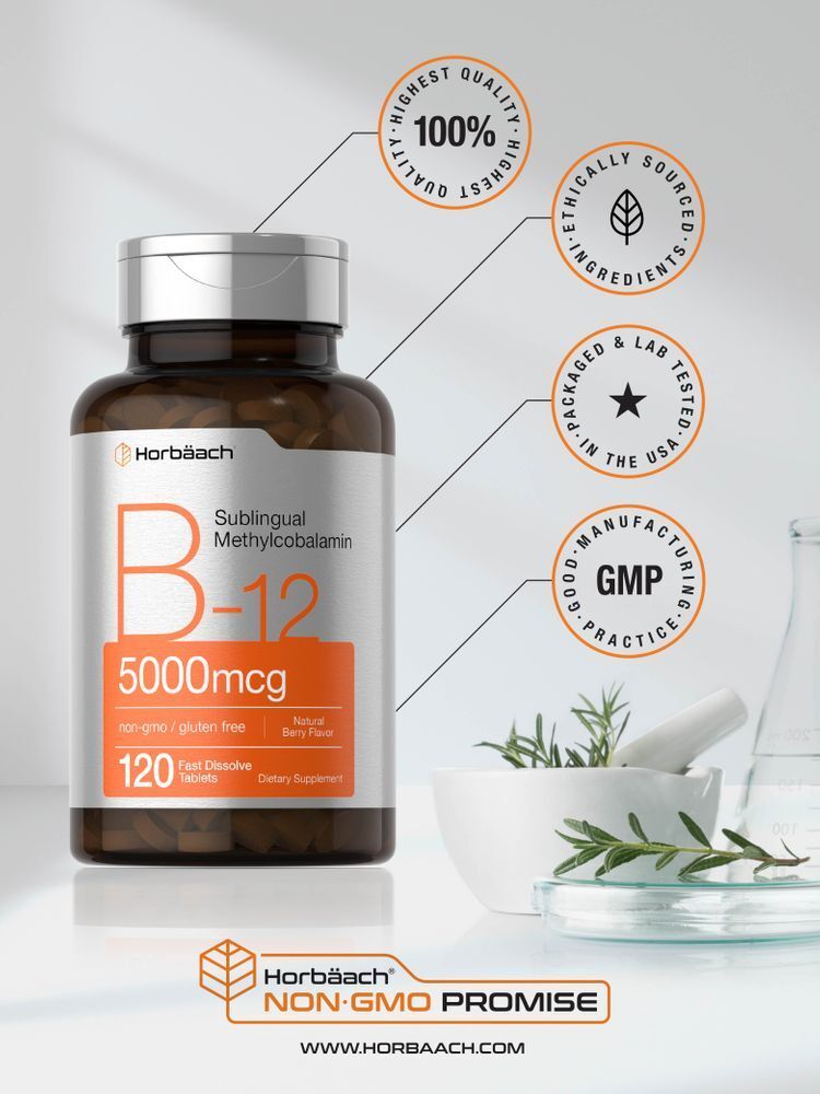 B12 Sublingual Methylcobalamin | 5000mcg | 120 Dissolvable Tablets | by Horbaach
