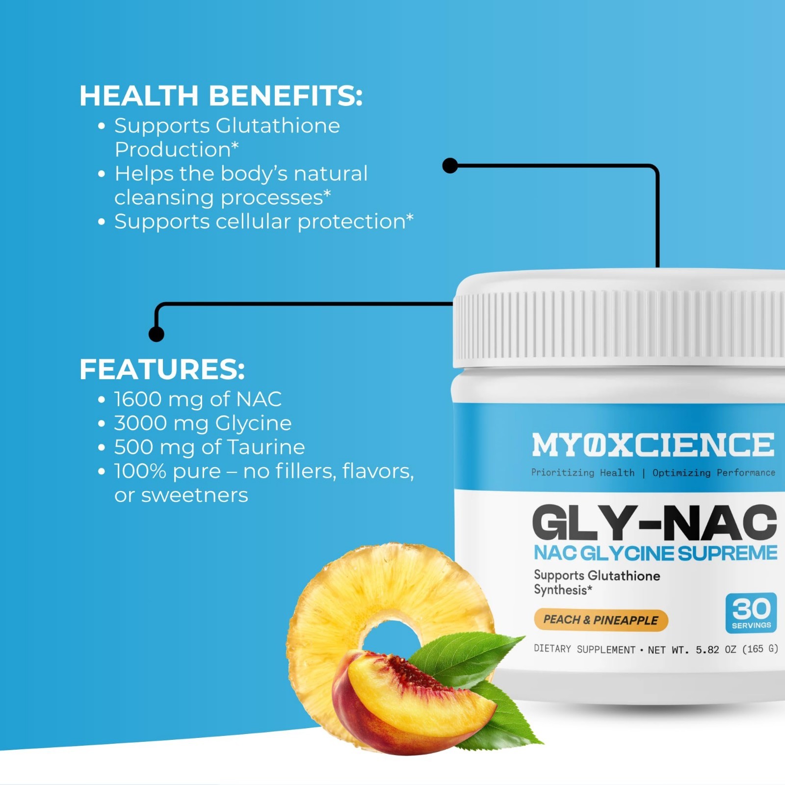 N-Acetyl-L-Cysteine & Glycine Supplement | Taurine Blend, Peach Pineapple Flavor