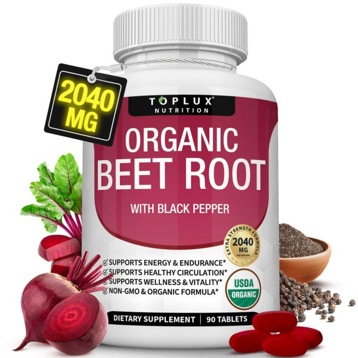 Toplux Tablets Root Organic Natural 2040mg, Beet Nitric Oxide Booster