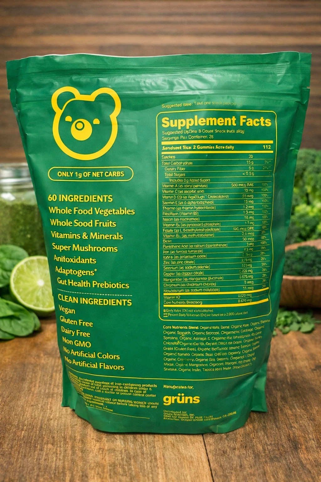 NEW/FRESH Gruns Adult Sugar-Free Super Greens Multivitamin